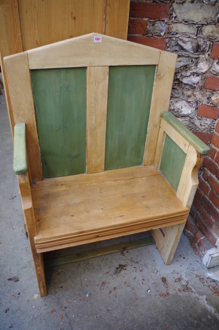 An old pine small pew, with green stained elements, 76cm wide.