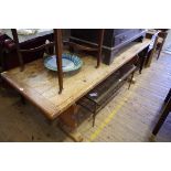 An antique pine trestle table, with cleated end top, 213cm long.