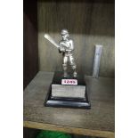 A silver plated figure of a cricketer, 10cm high, on ebonized base, with presentation plaque.