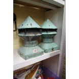 A pair of verdigris copper barn chimney vents, 33cm high.