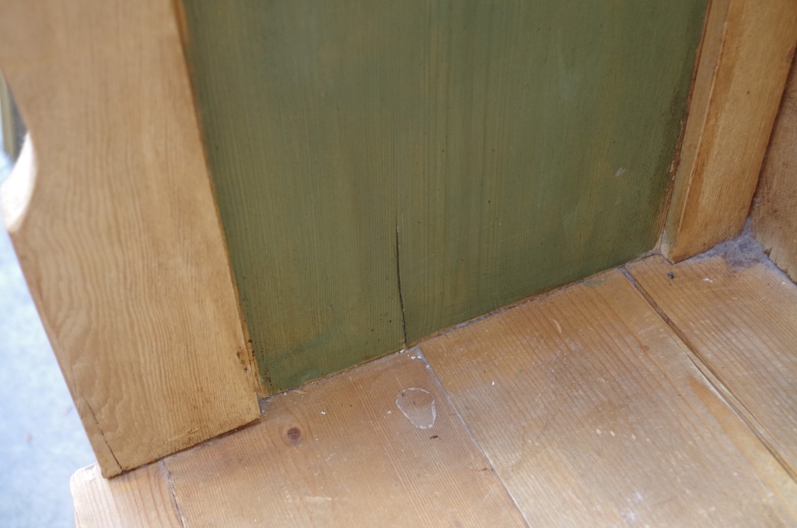 An old pine small pew, with green stained elements, 76cm wide. - Image 2 of 2