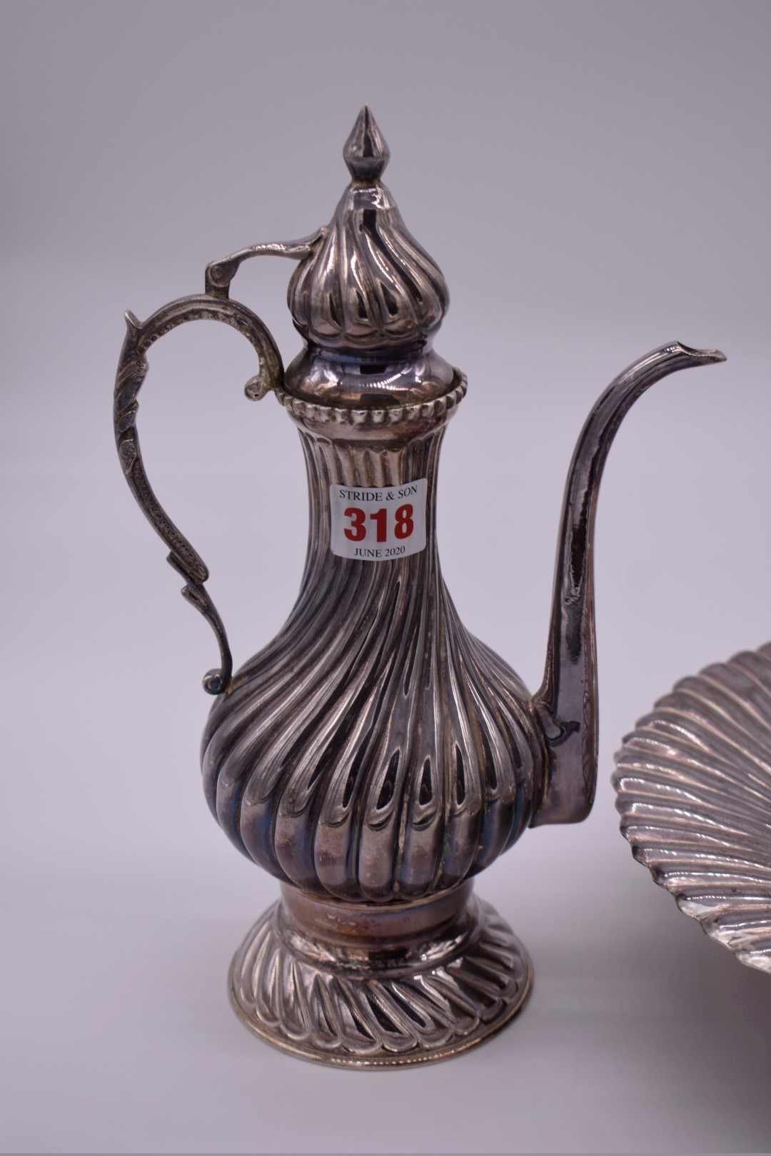 A Turkish metal ewer and basin, stamped 900, maker A L., 32cm high. - Image 2 of 9
