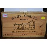 A case of twelve 75cl bottles of Chateau Haut Carles, 2003, Fronsac, in owc. (12)PLEASE NOTE: