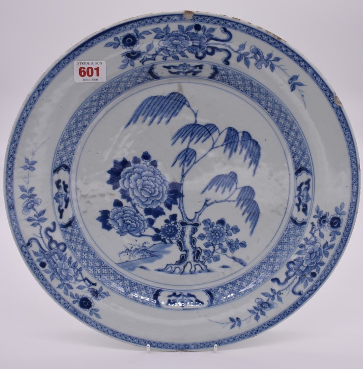 A Chinese blue and white charger, 18th century, painted with flowering branches, 37.5cm diameter, ( - Image 2 of 8