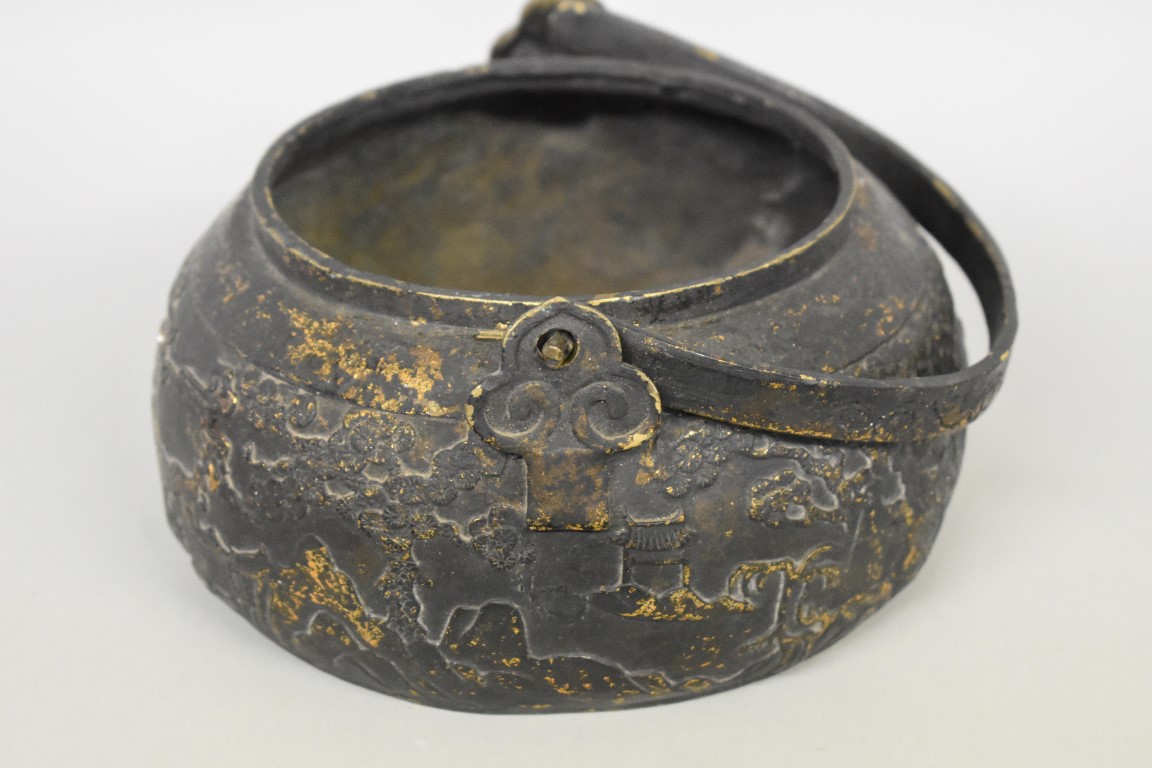 A Chinese bronze swing handled vessel and pierced cover, possibly a hand warmer, xuande four - Image 5 of 8