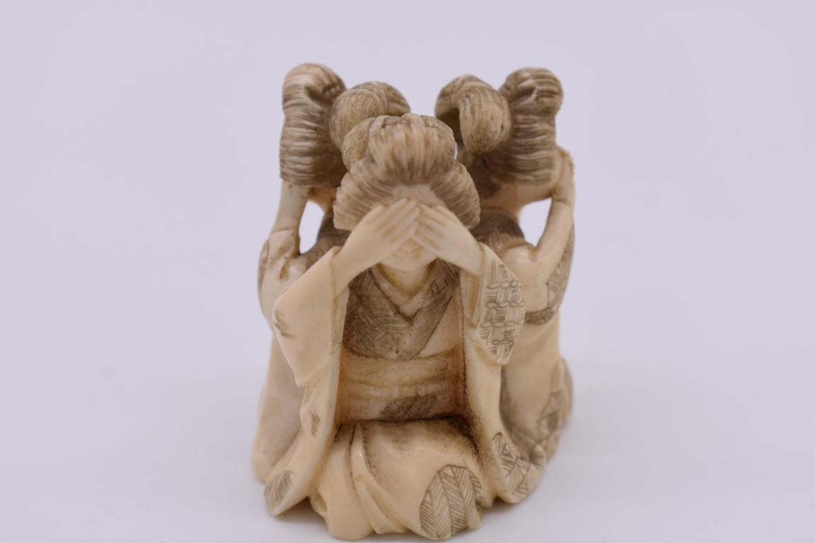 A Japanese carved ivory figure group of three geishas, Meiji, depicting 'see no evil, hear no - Image 2 of 4