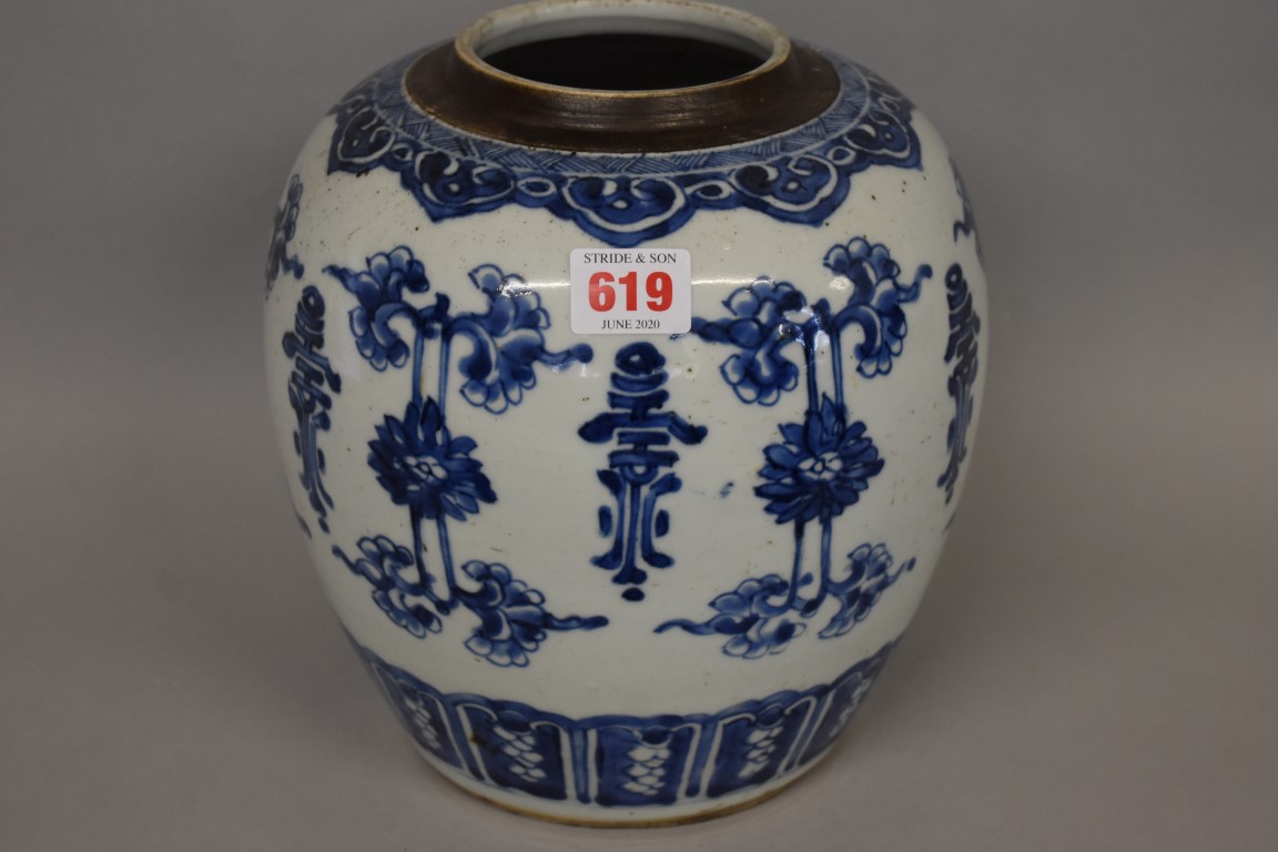 WITHDRAWN FROM SALE A Chinese blue and white jar, 18th century.