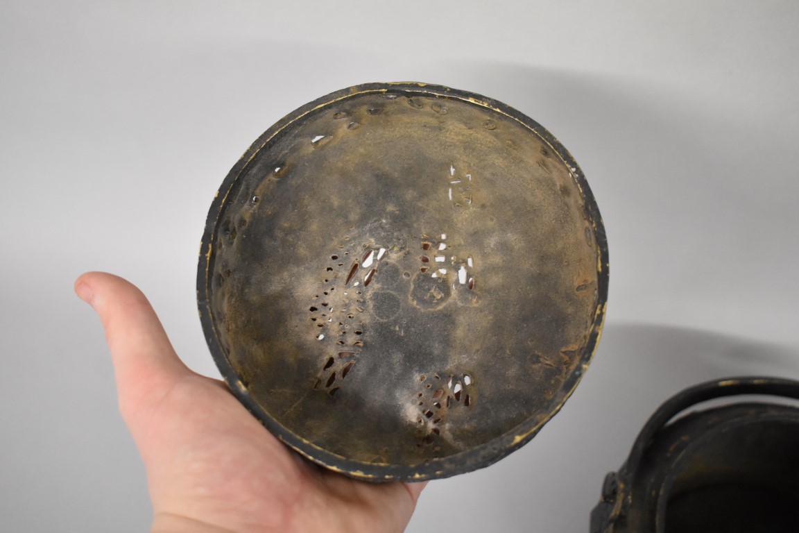 A Chinese bronze swing handled vessel and pierced cover, possibly a hand warmer, xuande four - Image 3 of 8