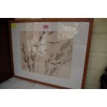 A Chinese painting on silk panel of birds on bamboo stems, 20 x 25cm; together with a pencil