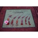 Angling: a vintage French fishing lure display titled 'Les Plombees Amovibles Catherine'.