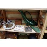 A mixed lot, to include: a Whitefriars green glass fruit bowl, 25cm; an oak stationary box; an