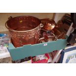 An old copper kettle; together with a copper coal bucket; and three other items.