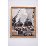 Frank Henry Mason, dockyard scene, signed and dated 1941, oil on board, 50 x 40cm.