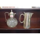An EPNS mounted cut glass claret jug; together with an EPNS hot water jug by H & H.