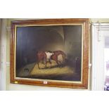 English School, 19th century, horse and groom in stable, unsigned, labelled verso, oil on canvas, 47