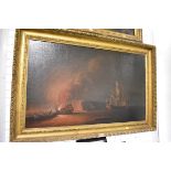 Attributed to John Serres, a sinking ship, indistinctly signed, oil on canvas. 58 x 99cm