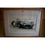 Christopher Dugan, Aston Martin DBR1, signed, pencil and watercolour, 24 x 36cm.