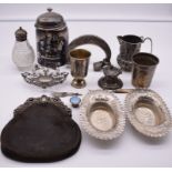A collection of silver, silver mounted and white metal items, to include: an Indian jug, a metal