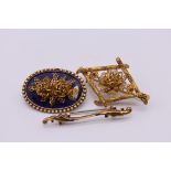 Two unmarked Victorian brooches; together with another stamped 9ct, 1.2g.