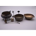 A small group of Indian white metal items, to include a rose bowl and a porringer. (7)