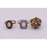 Three gem set dress rings, each hallmarked 375, 9g total weight.