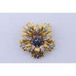 A gold, sapphire and diamond chrysanthemum brooch, stamped Italy 18k, 19.5g total weight.