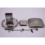 A small group of silver and other metal items, comprising: a silver cigarette case, a silver vesta