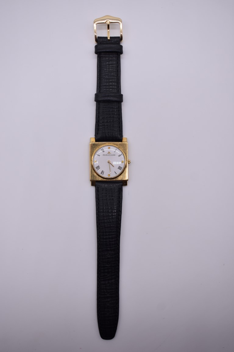 A vintage Jaeger le Coultre 18K gold manual wind wristwatch, 27mm, the case stamped 18k and numbered