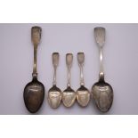 Five various silver fiddle pattern spoons, 217g.