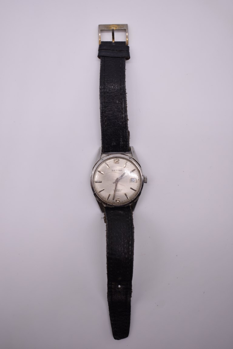 A vintage Betina stainless steel automatic wristwatch, 34mm, case no. 88825, on leather strap.