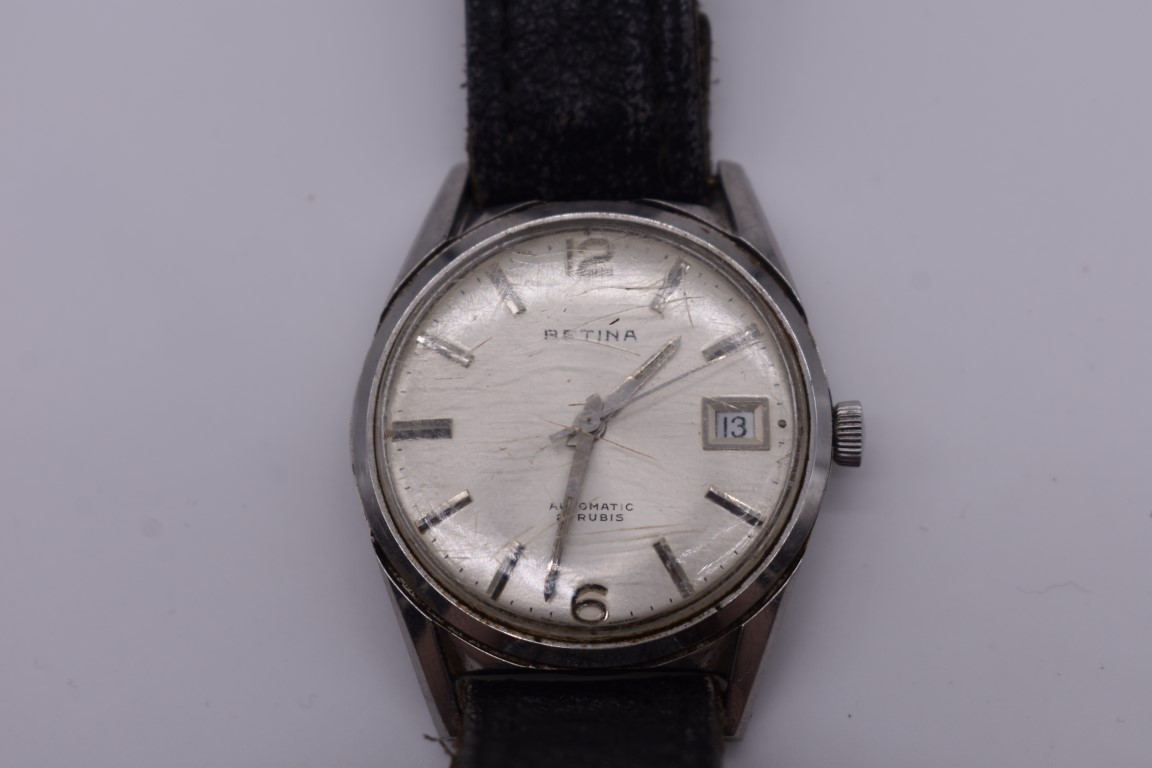 A vintage Betina stainless steel automatic wristwatch, 34mm, case no. 88825, on leather strap. - Image 3 of 3