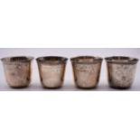 Four early 18th century Continental white metal tumblers; two by N C B D, Communautes, Dijon;