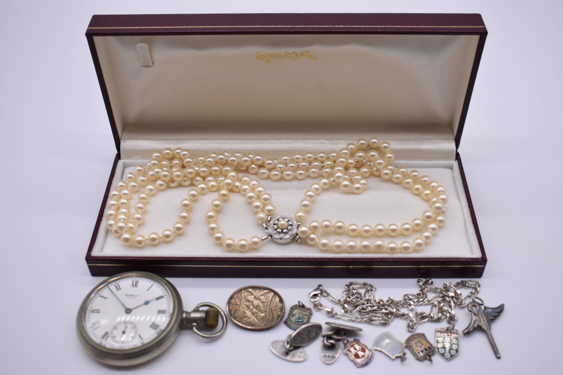 A plated pocket watch; together with a small quantity of silver jewellery, to include a pearl