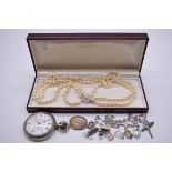 A plated pocket watch; together with a small quantity of silver jewellery, to include a pearl