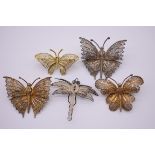 A small group of filigree insect brooches, to include two .925 butterflies, by Topazio; a .800