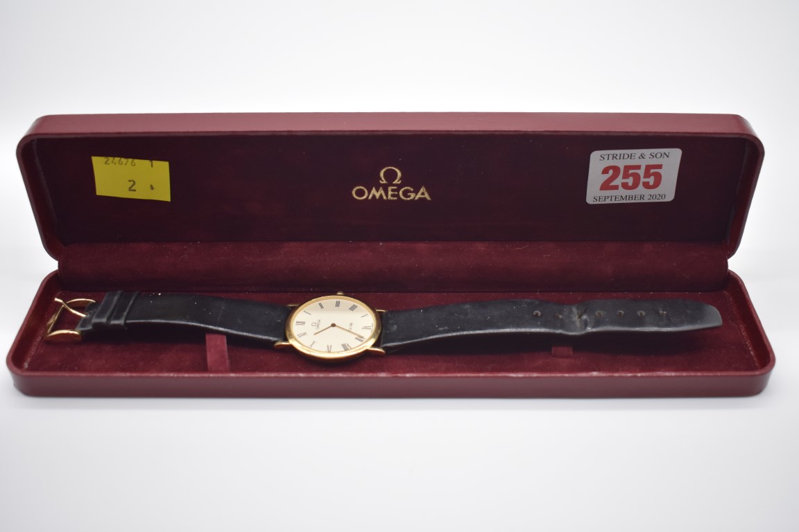 A modern Omega 'De Ville' gold plated quartz wristwatch, 32mm, cal 1378, on replacement leather