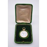 A chased gold stem wind fob watch, stamped 18k, having enamel dial and Roman numerals, 3cm diameter,