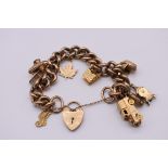 A gold charm bracelet, with ten charms, comprising; six hallmarked 375; one hallmarked 750; and