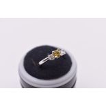 An 18ct white gold diamond three stone ring, set central yellow brilliant cut diamond with a