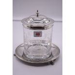 An Italian silver mounted engraved glass biscuit barrel, by Cassetti, stamped 800, diameter 19.