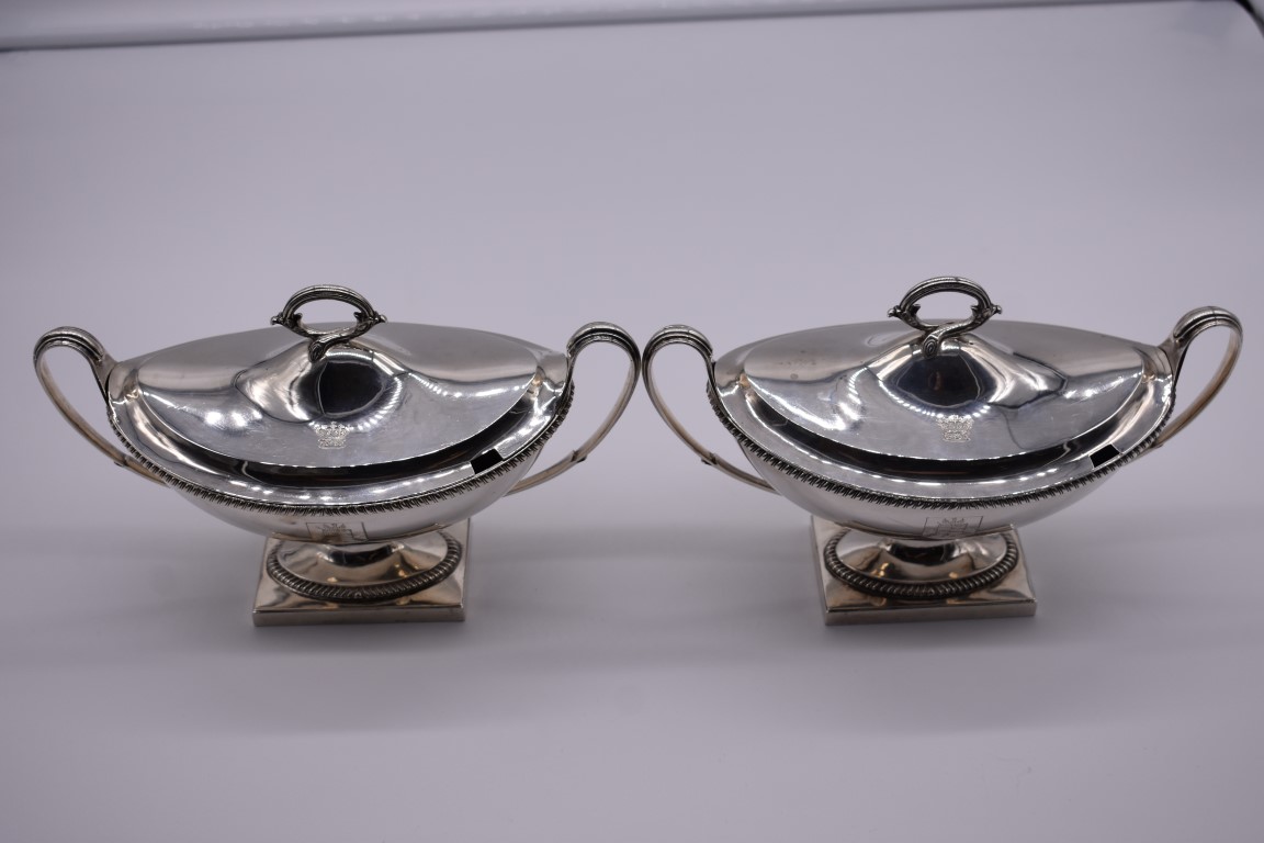 A good pair of George III silver twin handled pedestal sauce tureens and covers, by William Frisbee, - Image 7 of 7