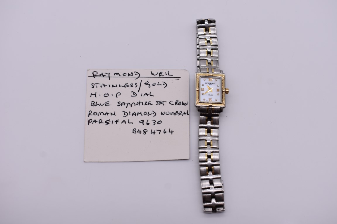 A Raymond Weil 'Parsifal' stainless steel, gold ladies quartz wristwatch, the mother of pearl dial