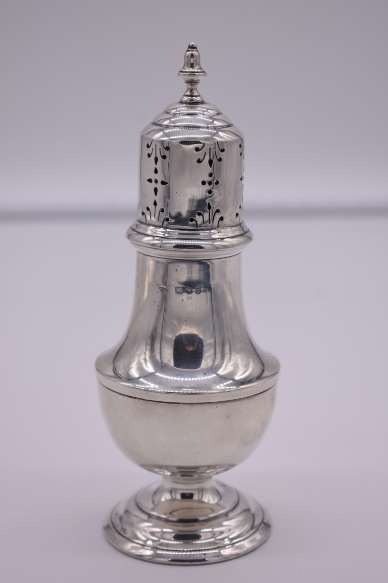 A silver sugar caster, by C E, London 1937, 15.5cm high, 113.5g.