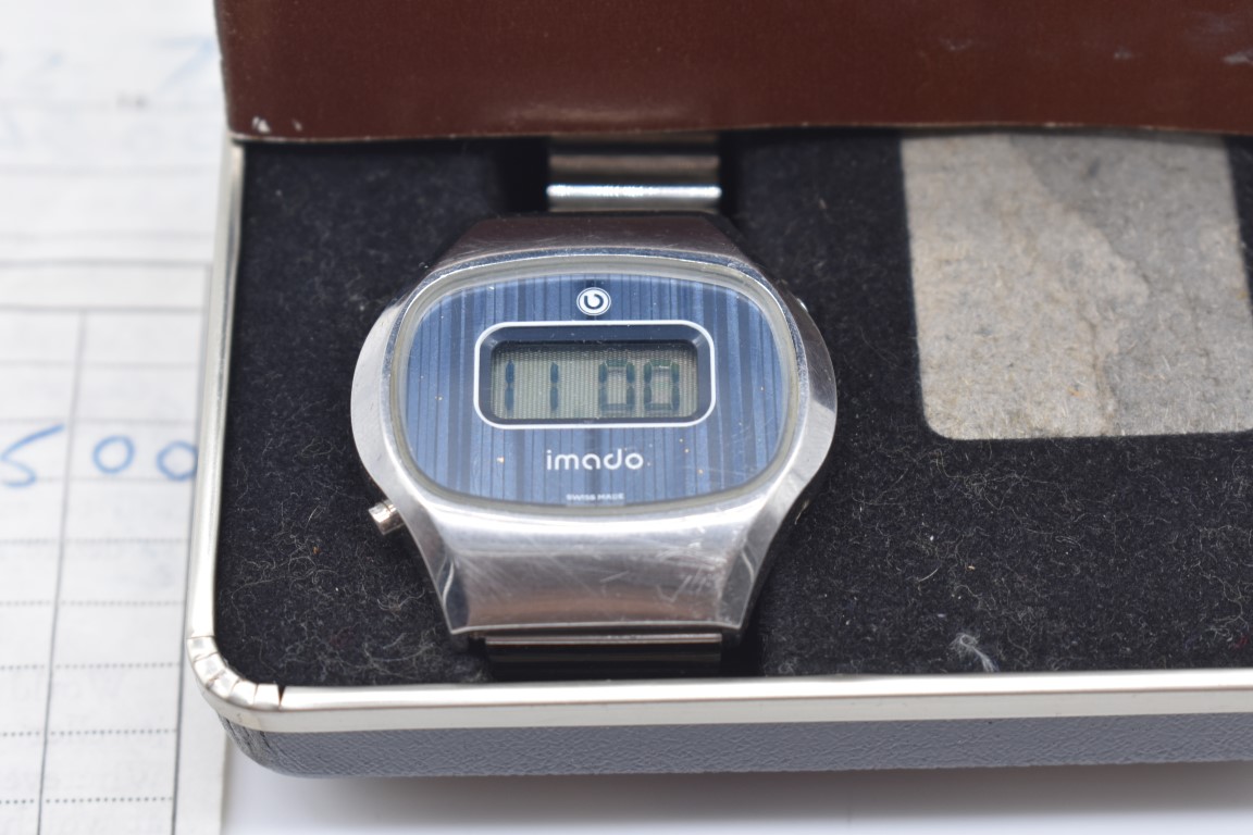 A 1970s Imado stainless steel quartz LED wristwatch, with box, original purchase receipt, - Image 2 of 3