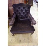 A Victorian walnut and button upholstered open arm occasional chair, by Howard & Sons, both rear