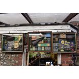 Three similar reproduction display cases of sporting ephemera, largest overall 51 x 61cm.