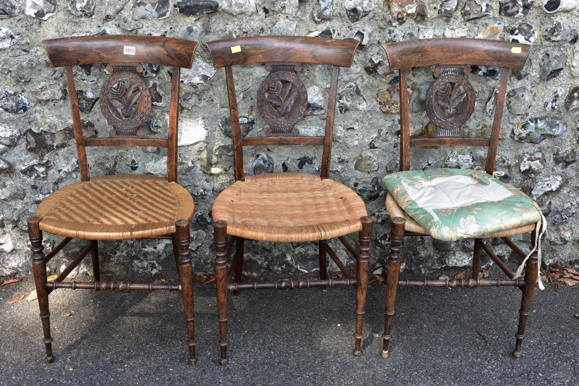 A set of three unusual faux grained and cane seat salon chairs. This lot can only be collected on