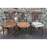 A set of three unusual faux grained and cane seat salon chairs. This lot can only be collected on