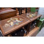 A small pair of oak low occasional tables, the tops emblazoned with the crests of The Royal