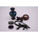A mixed group of works of art, to include a bronze lizard, 21cm long. (7)